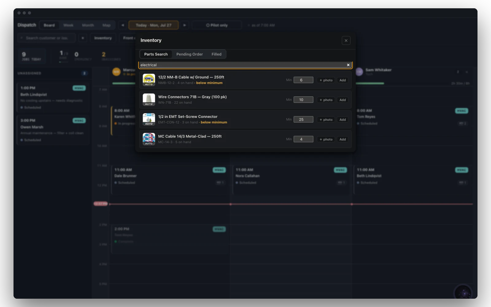 The inventory panel: parts searched by name, each with a photograph, stock on hand, and a below-minimum warning.