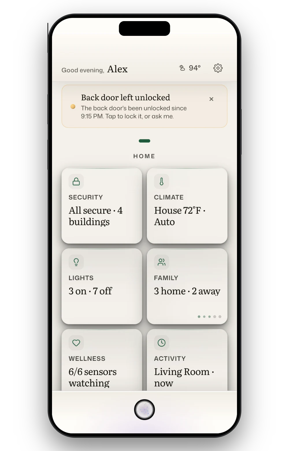 A home dashboard opening on an alert that the back door has been unlocked since 9:15 PM, above cards for security, climate, lights, family, wellness and activity.