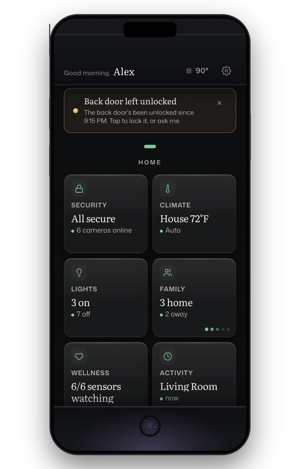 A home dashboard opening on an alert that the back door has been unlocked since 9:15 PM, above cards for security, climate, lights, family, wellness and activity.