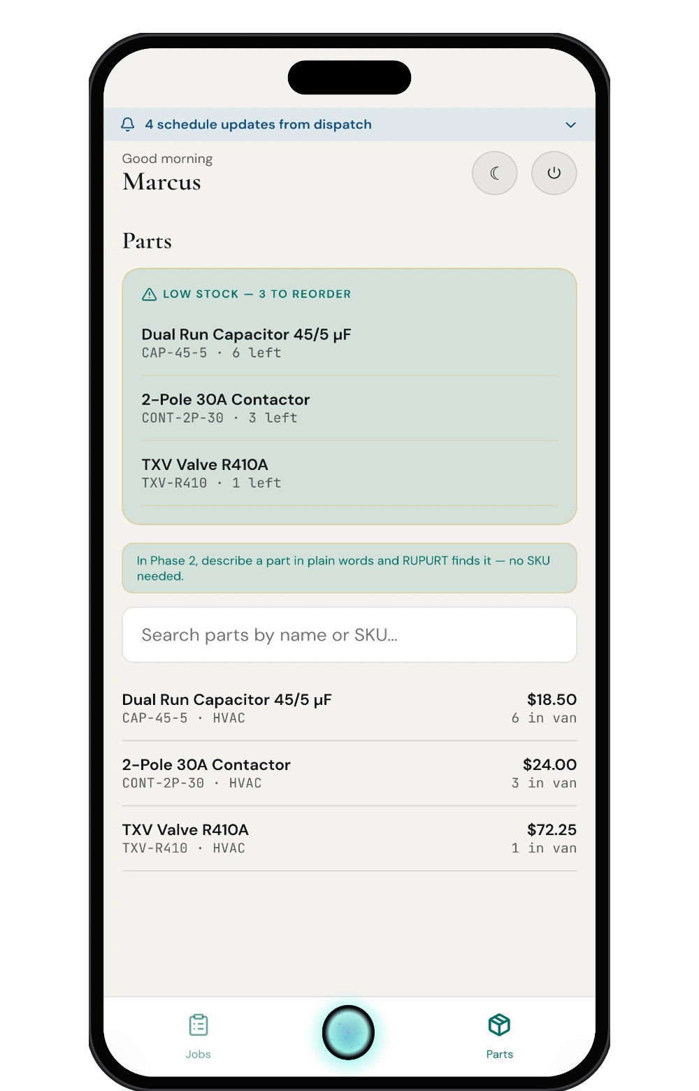 The parts tab: van stock searched by name or SKU, with a low-stock panel calling out what needs reordering.