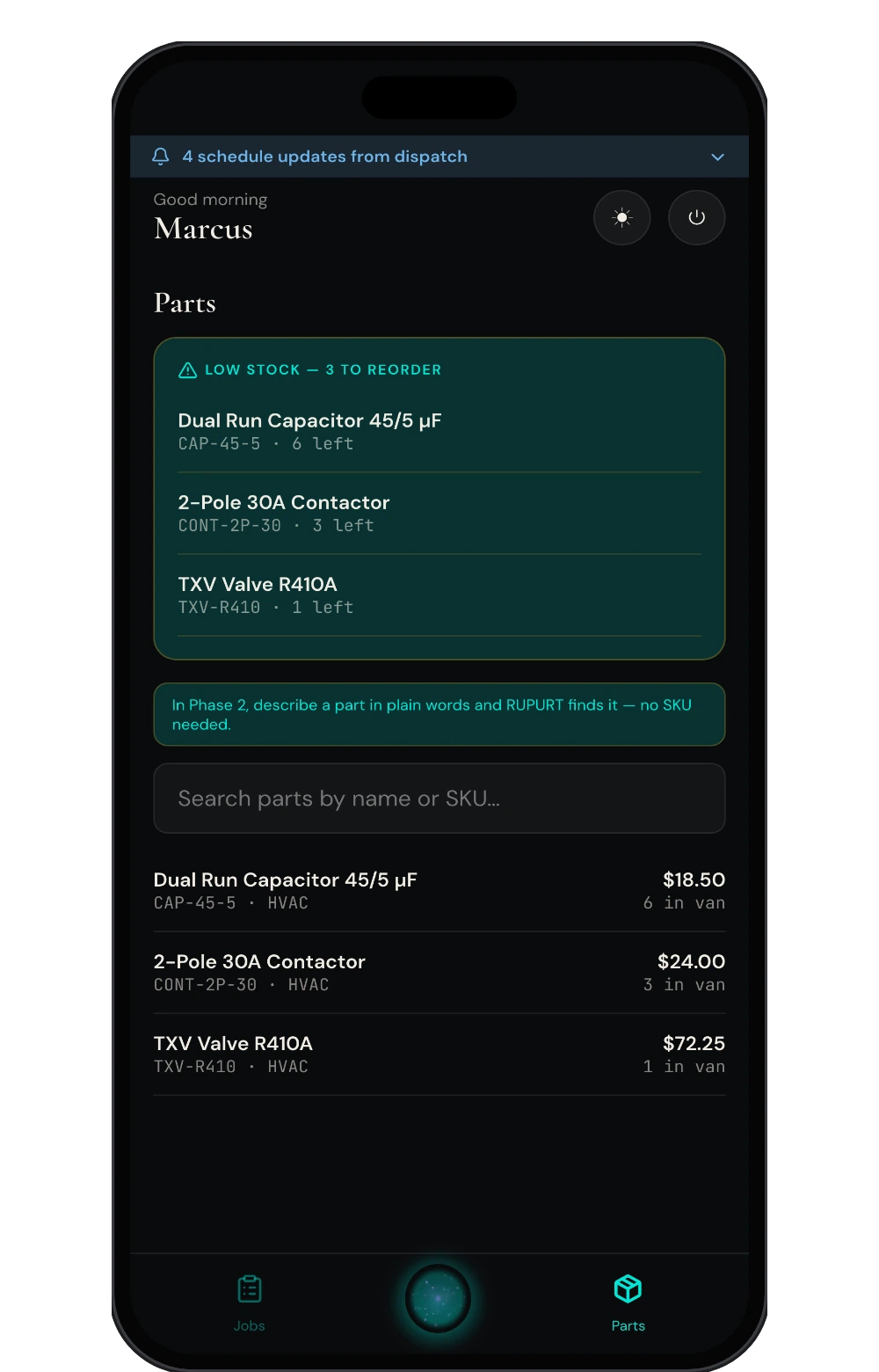 The parts tab: van stock searched by name or SKU, with a low-stock panel calling out what needs reordering.