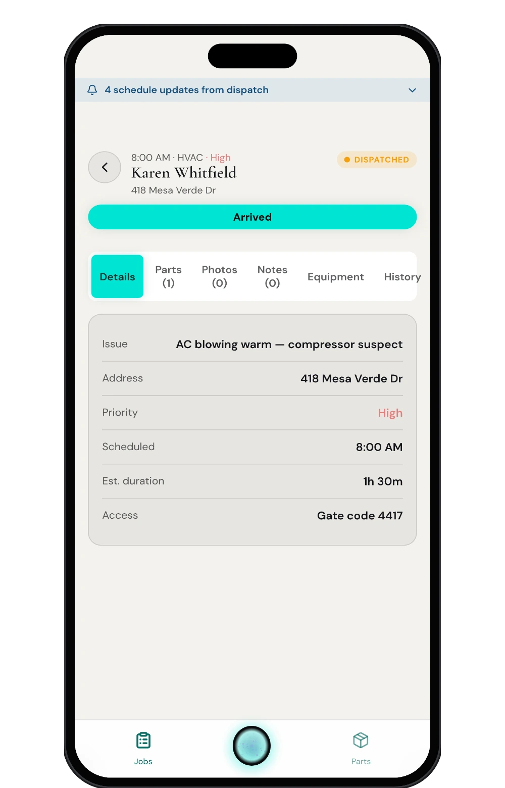 A work order open in the field app: an HVAC call marked dispatched, a full-width Arrived button, and tabs for parts, photos, notes and equipment.