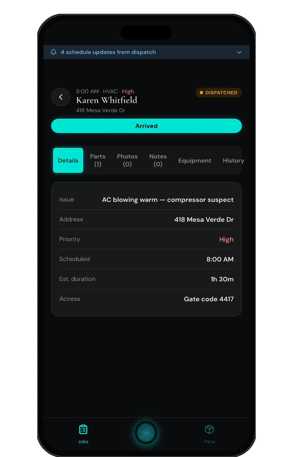 A work order open in the field app: an HVAC call marked dispatched, a full-width Arrived button, and tabs for parts, photos, notes and equipment.