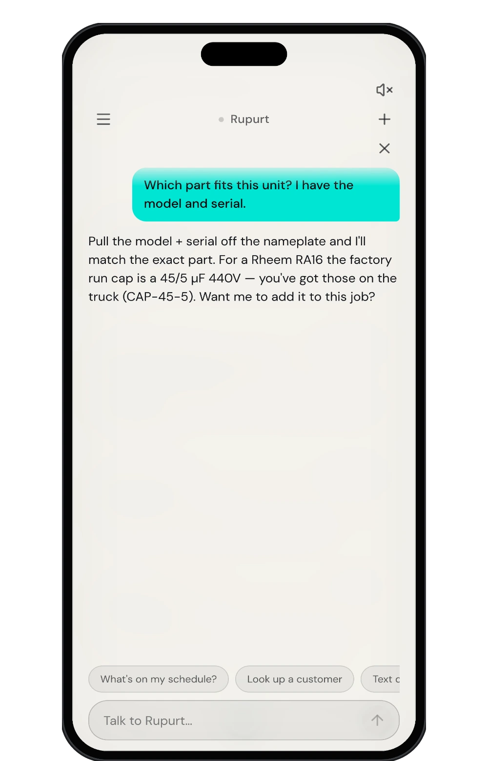 The same assistant inside the field app: asked which part fits a unit, it names the exact run capacitor from the model, says the truck already carries it, and offers to add it to the job.