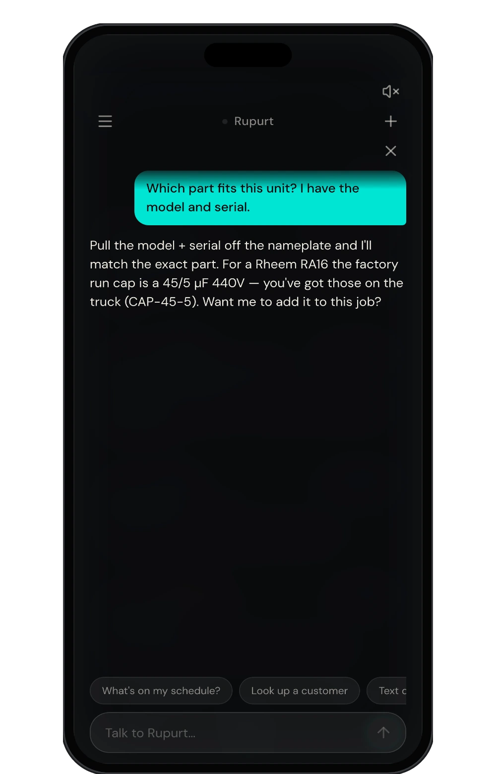 The same assistant inside the field app: asked which part fits a unit, it names the exact run capacitor from the model, says the truck already carries it, and offers to add it to the job.