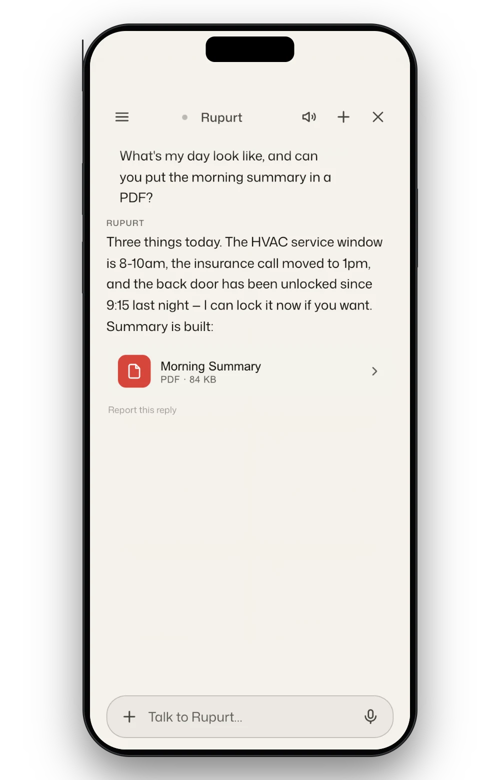 A private assistant reading the day back and producing a PDF summary in the chat.