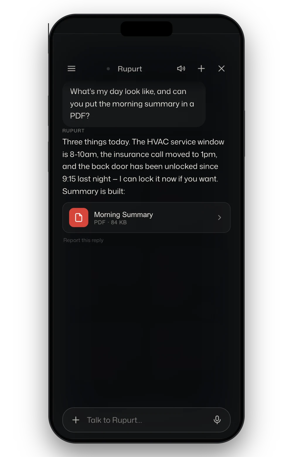 A private assistant reading the day back and producing a PDF summary in the chat.
