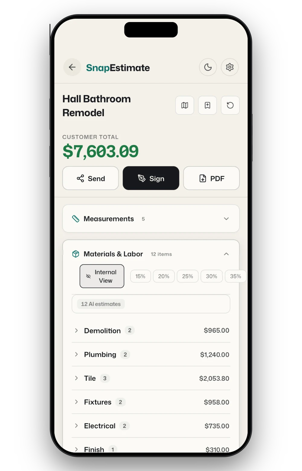 The finished estimate: customer total, send/sign/PDF, and the line items grouped by trade.