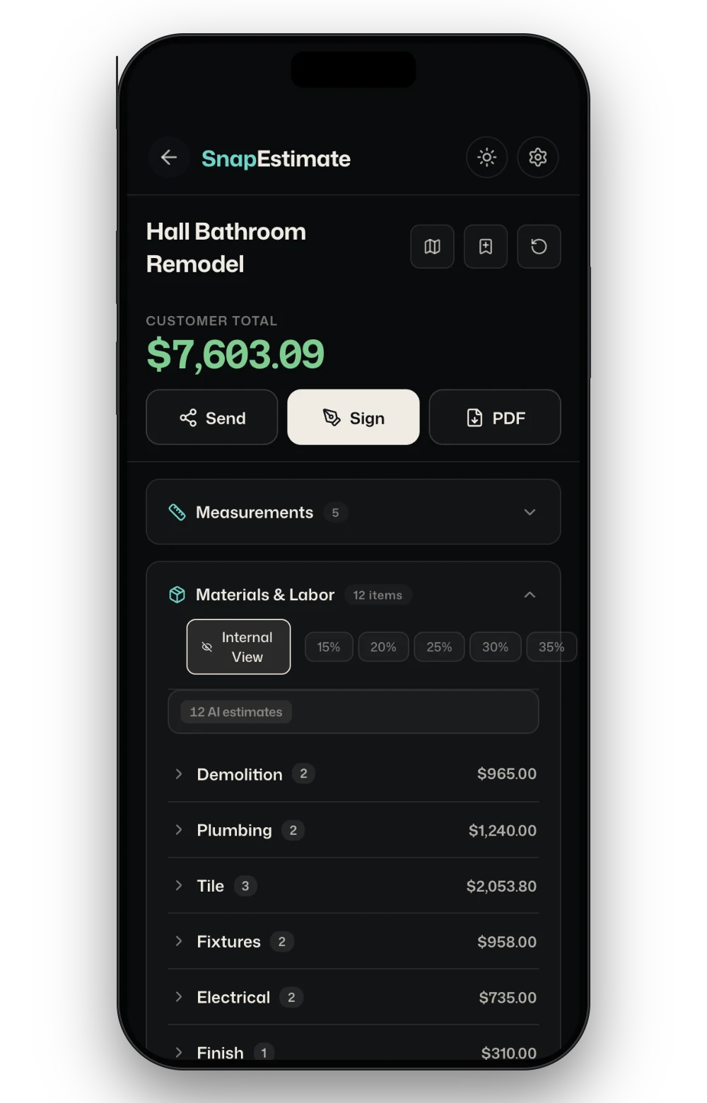The finished estimate: customer total, send/sign/PDF, and the line items grouped by trade.