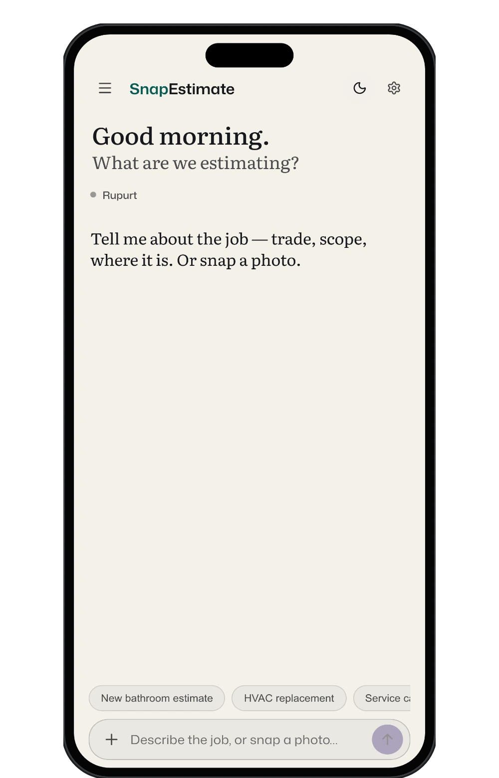 Guided estimating opening on a question rather than a form: Good evening, what are we estimating? The assistant asks for the trade, scope and location, or a photo.